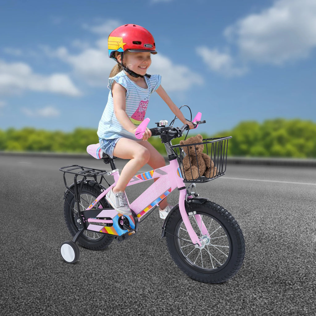 14 Zoll Kinderfahrrad mit verstellbarem Sitz, Stützrädern, Korb & Rücksitz, bis 50 kg belastbar, für Kinder 3–5 Jahre