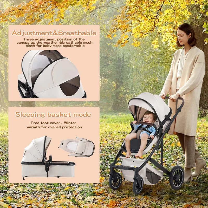 3-in-1 Kinderwagen –  mit Hochlandschafts-Design, Aluminiumrahmen und Faltfunktion für Neugeborene