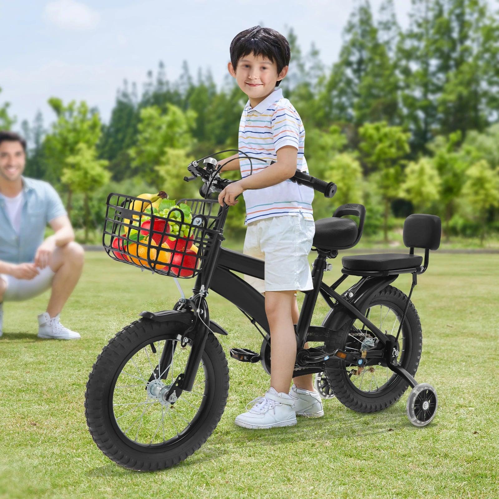 14 Zoll Kinderfahrrad – Verstellbares Fahrrad mit Stützrädern, Korb & Rücksitz, für Kinder 3–5 Jahre
