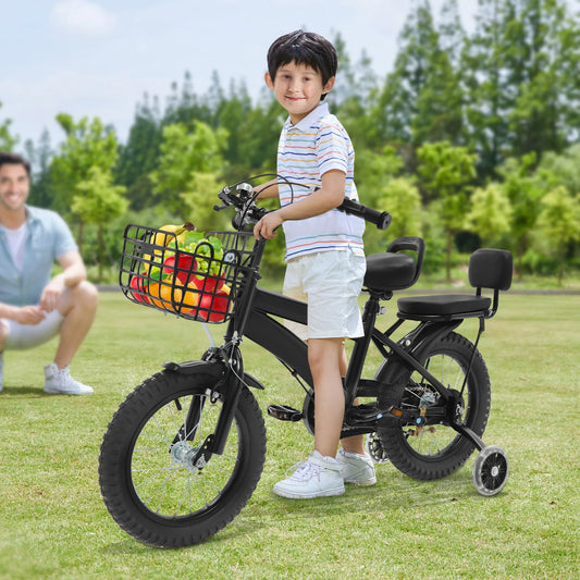 14 Zoll Kinderfahrrad – Verstellbares Fahrrad mit Stützrädern, Korb & Rücksitz, für Kinder 3–5 Jahre