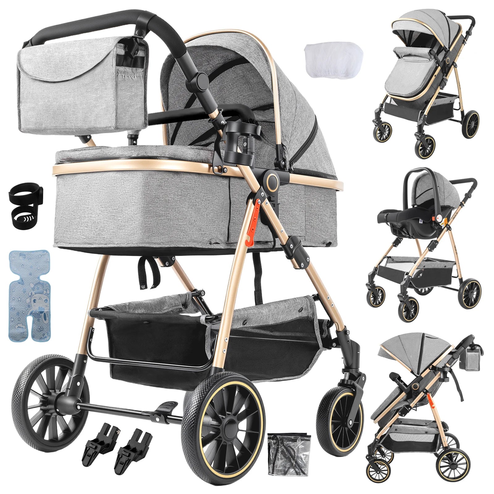 3-in-1 Kinderwagen, Sportwagen mit verstellbarem Schiebebügel, umkehrbarem Sitz und leichtem, faltbarem Rahmen