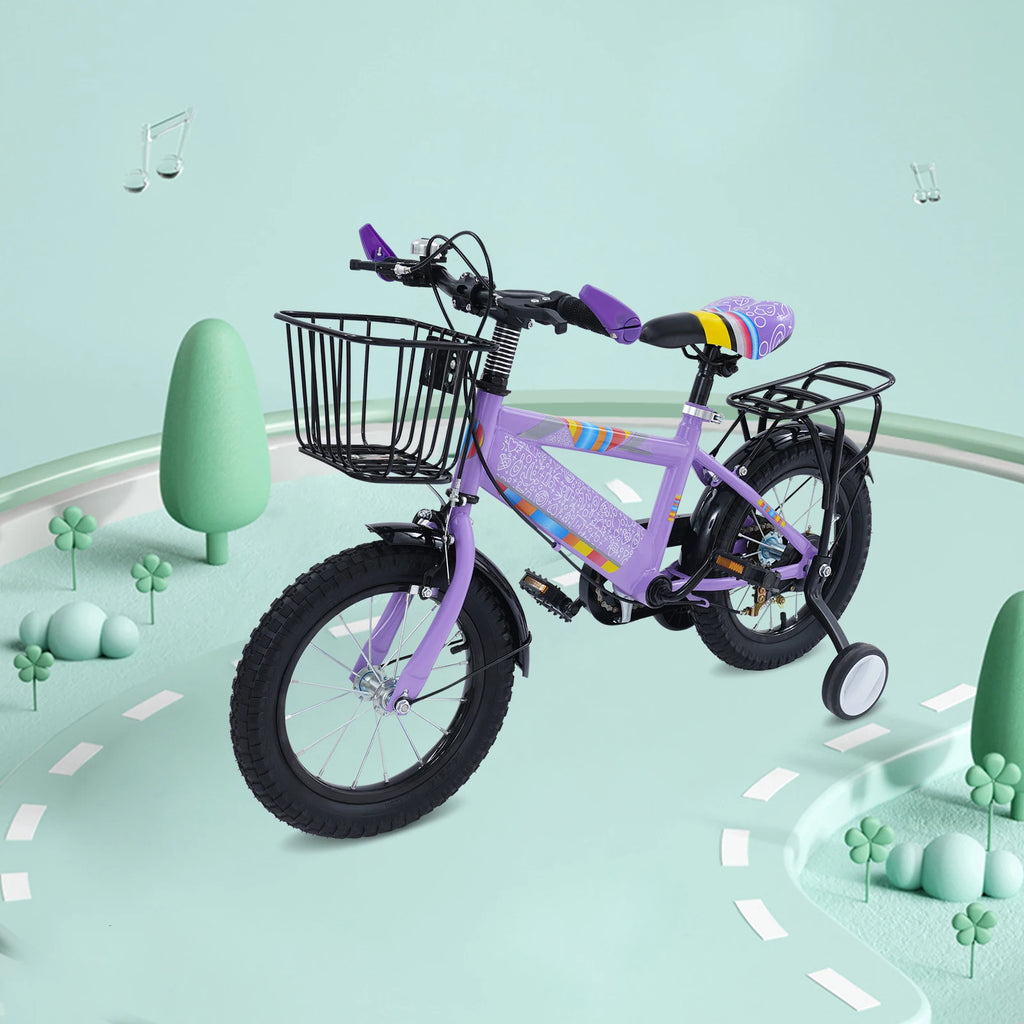 14 Zoll Kinderfahrrad mit verstellbarem Sitz, Stützrädern, Korb & Rücksitz, bis 50 kg belastbar, für Kinder 3–5 Jahre