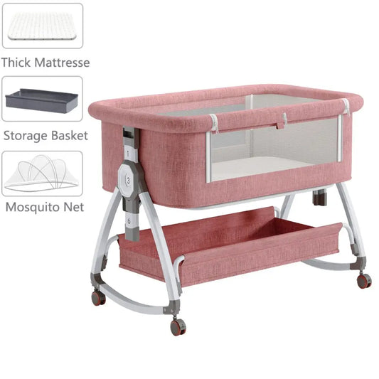5-in-1 Babybett – Tragbares, faltbares Babybett mit verstellbarer Höhe, geräuschlosen Rollen, Wiegefunktion und Moskitonetz für Neugeborene.