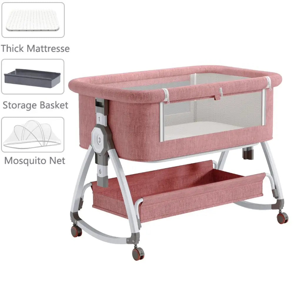 5-in-1 Babybett – Tragbares, faltbares Babybett mit verstellbarer Höhe, geräuschlosen Rollen, Wiegefunktion und Moskitonetz für Neugeborene.
