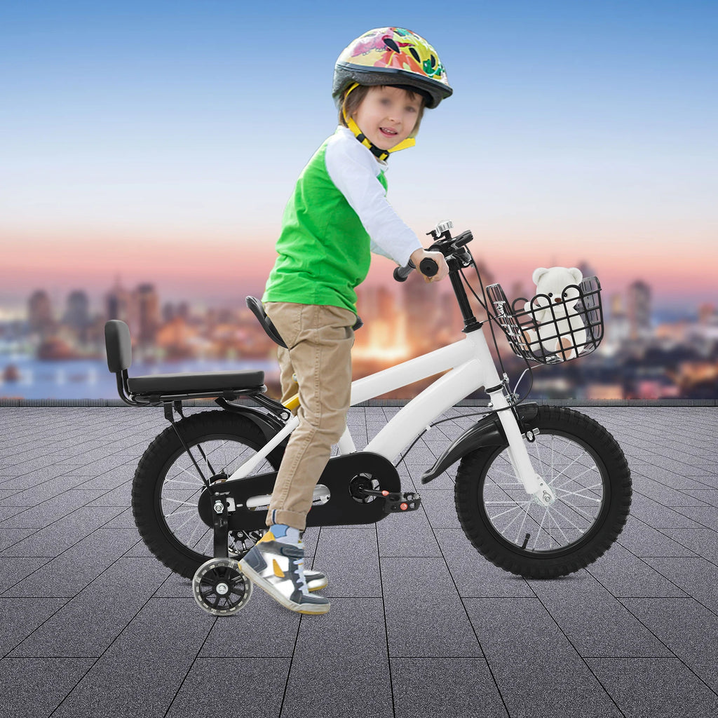 14 Zoll Kinderfahrrad – Verstellbares Fahrrad mit Stützrädern, Korb & Rücksitz, für Kinder 3–5 Jahre