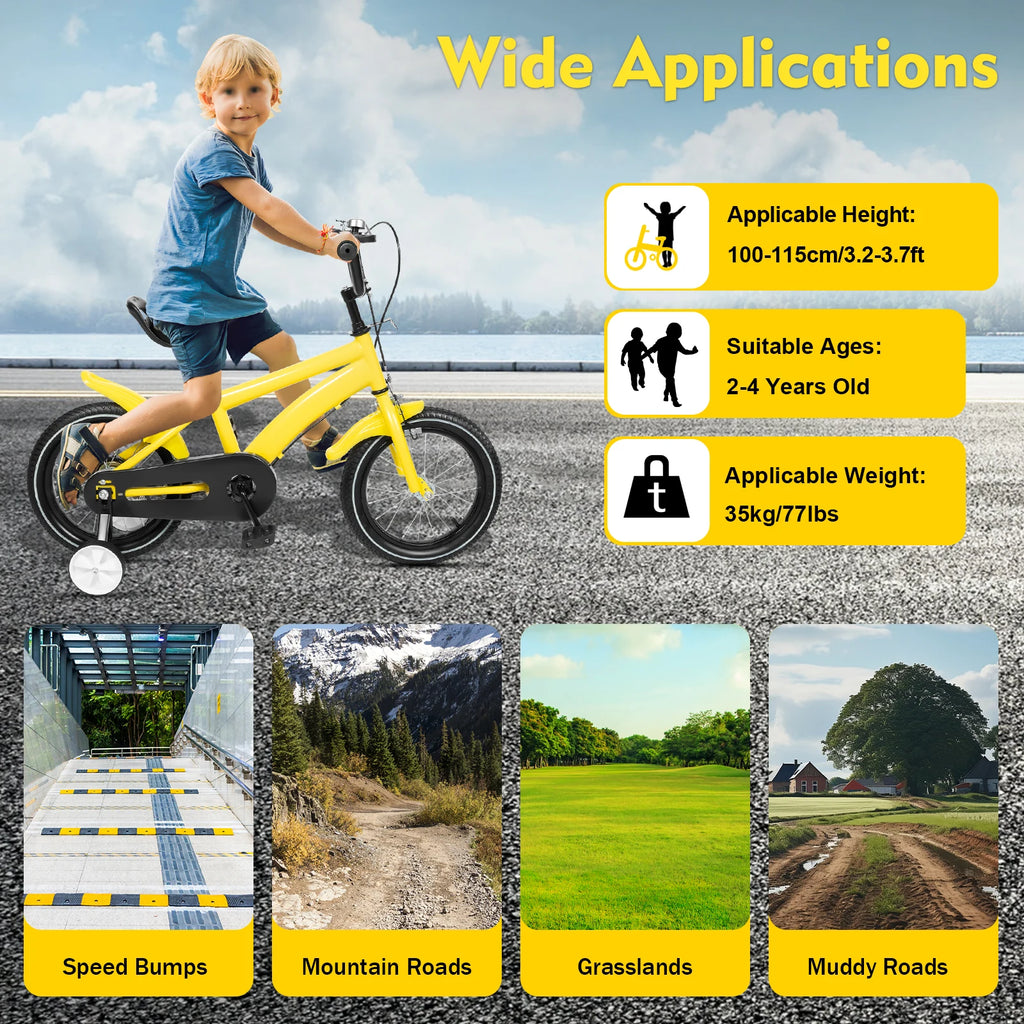 14-Zoll Kinderfahrrad mit Stützrädern – Verstellbarer Sattel, Doppelbremse, für Kinder von 2–4 Jahren
