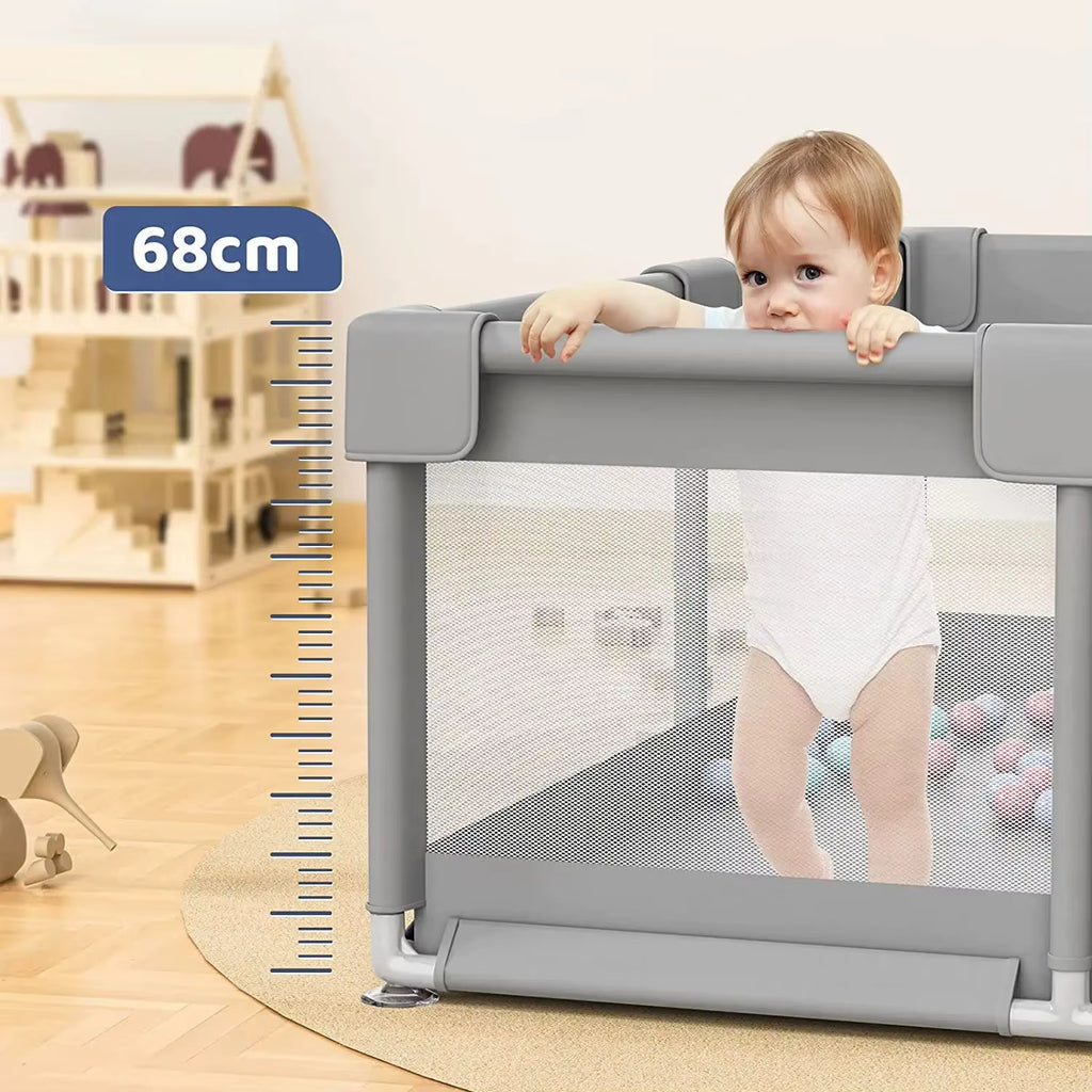 Baby Playpen – Light Gray Corralito Playground with Pull Rings | Child Safety Fence & Ball Pit